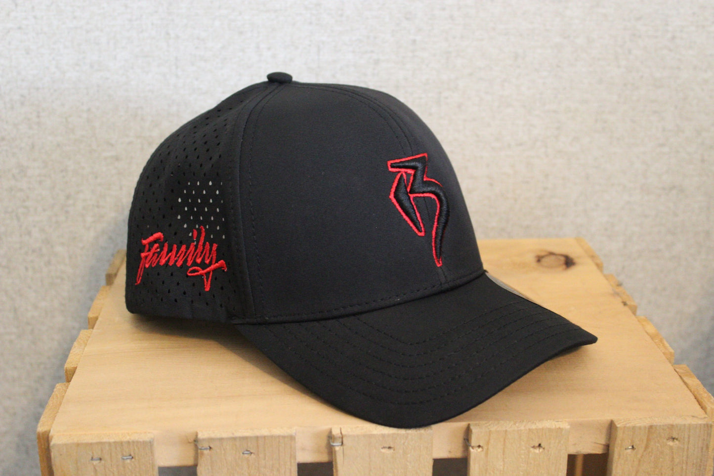 cap with custom laser perforated holes, 6-panel curved brim, waterproof snapback..F.O.R.  THE FAMILY